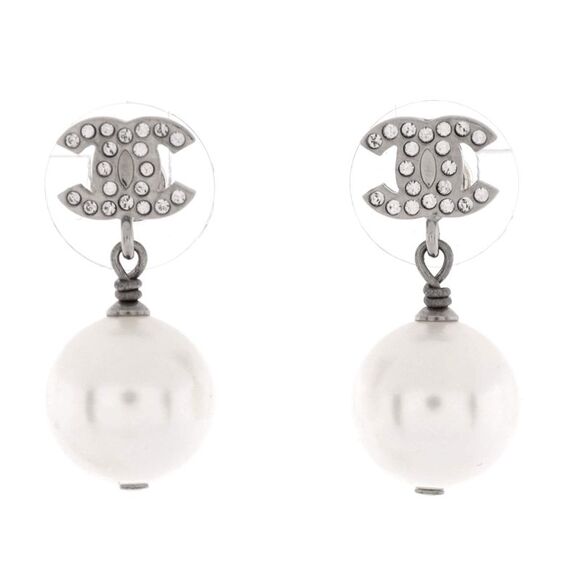 Chanel CC Dangle Earrings Crystal Embellished Metal with Faux Pearls Silver
